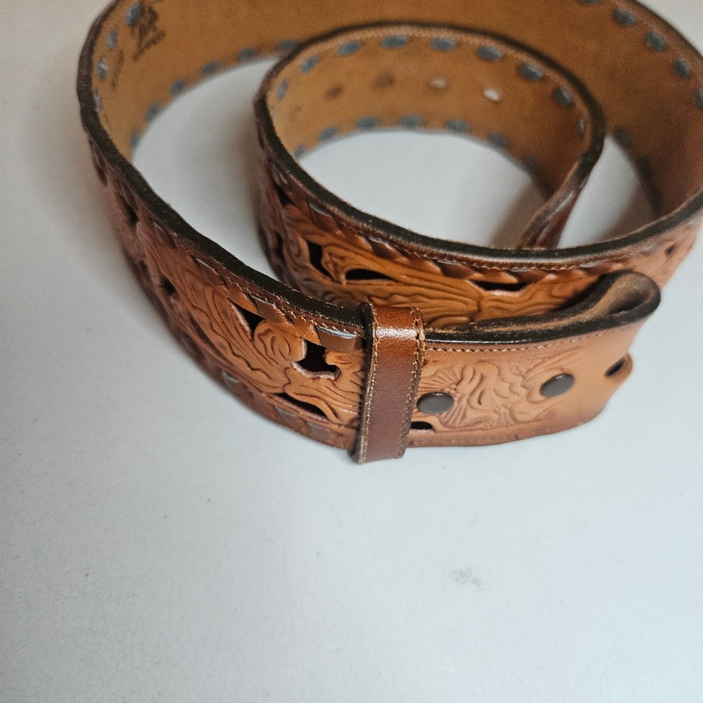Tony Lama Vintage Hand Tooled Leather Floral Filigree Belt Tan Brown 30 48638